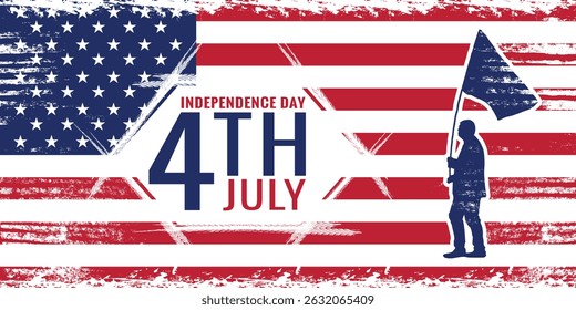 American Independence Day 4th of July banner with distressed grunge USA flag, patriotic silhouette holding flag, stars and stripes background, national holiday celebration or Campaign Concept Design.