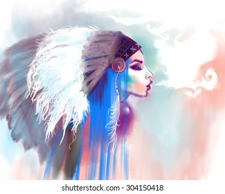 American Indian Girl Smoking A Pipe, On A Water Color Background. Indian Woman With Traditional Make Up And Headdress Looking To The Side. Boho Style Fashion Girl With Blue Hair. Smoke For Message.