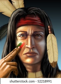 American indian warrior painting his face. Digital illustration, figure created from scratch, no model release necessary.
