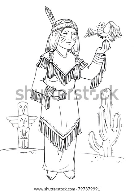 American Indian Woman Coloring Page Stock Illustration 797379991