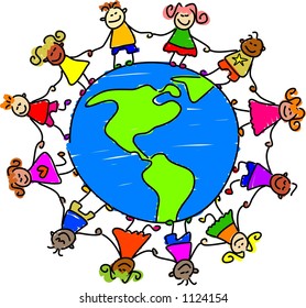 Multicultural Group Children Hold Hands Around Stock Illustration ...