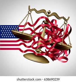 American Legal System Challenge and United States business regulations crisis as a flag with stripes tangled with a justice scale as a government confusion as a 3D illustration.