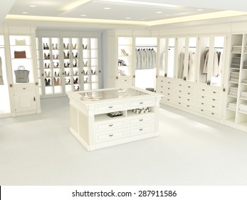 An American Luxury Walkin Closet With Many Space. 3d Rendering