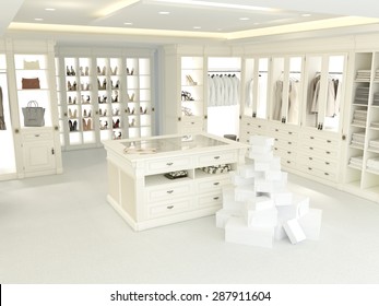 An American Luxury Walkin Closet With Many Space. 3d Rendering