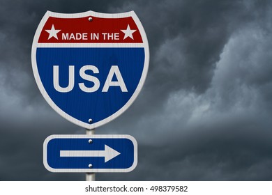 American Made in the USA  Highway Road Sign, Red, White and Blue American Highway Sign with words Made in the USA with stormy sky background 3D Illustration