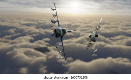 American Military Jet Fighter Manuevering And Chased By Russian Jet 3d Render