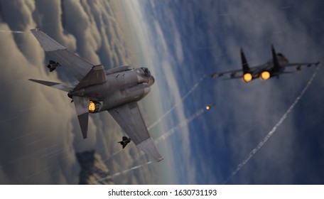 American Military Jet Right After Russian Fighter Jet Firing And Locking Missile 3d Render