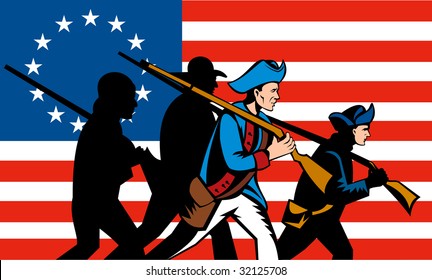 American Minutemen Marching With Betsy Ross Flag In The Background