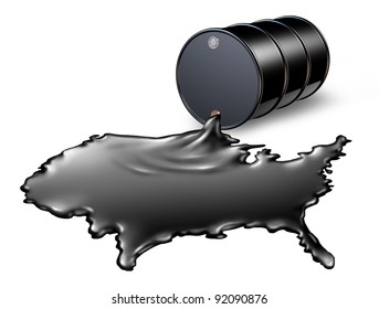 American Oil Industry With A Black Drum Barrel Spilling Out Fossil Fuel Liquid Crude As A Map Of The United States As A Concept Of Drilling And Petroleum Gas Energy Dependence By The US Government.