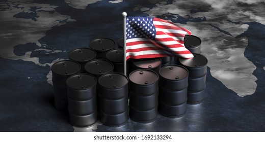 American Oil Industry, USA The Largest Oil Producer. Black Drum Barrels Crude Oil And Flag Of United States On A World Map, 3d Illustration