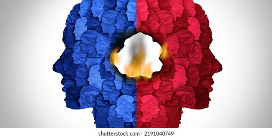 American Political Crisis And Divided Americans As Two Opposing Political Groups And United States Culture War Between Red Conservative Society And Blue Liberal Ideas With 3D Illustration Elements.