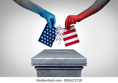 American Politics Fight And USA Election Or United States Vote Conflict Between The Left And Right Or Conservatives And Liberals At A Polling Station With 3D Illustration Elements.