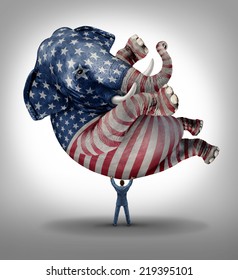 American Republican Vote Election Leadership Symbol As An Elephant With A Painted Flag Of The United States With A Person Lifting Up The Icon Of The Conservative Values In A Voting Campaign.