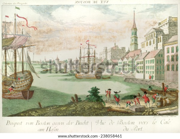 The American Revolution,\
Massachusetts, British soldiers and men working, an idealized view\
of Boston as a European city, by Franz Xaver Haberman, ca\
1770s