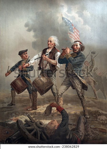 The American Revolution,\
Yankee Doodle 1776, three patriots, two playing drums and one\
playing a fife leading troops into battle, by Archibald M. Willard,\
ca 1876.