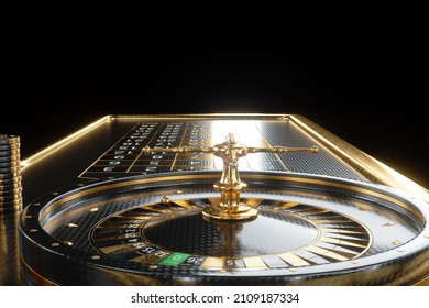 American roulette table and stacks in a casino. Creative casino template, background design, addiction, header for website. 3D illustration, 3D render
