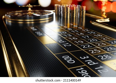 American roulette table and stacks in a casino. Creative casino template, background design, addiction, header for website. 3D illustration, 3D render