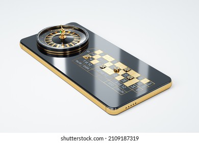 American roulette wheel on smartphone screen, online casino. The concept of gaming applications, internet games, online entertainment. 3D illustration, 3D render. Copy space - Powered by Shutterstock