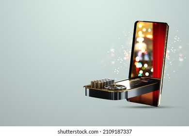 American roulette wheel on smartphone screen, online casino. The concept of gaming applications, internet games, online entertainment. 3D illustration, 3D render. Copy space