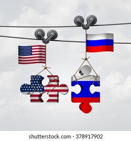 American And Russian Cooperation Success As Two Pieces Of A Jigsaw Puzzle From The United States And Russia Coming Together To Unite As A Global Teamwork Metaphor For An International Agreement.