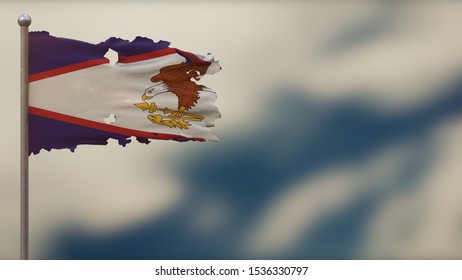 American Samoa 3D Tattered Waving Flag Illustration On Flagpole. Isolated On Blurred Sky Background With Space On The Right Side. Depth Of Field Effect.