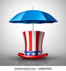 American Security Concept Or United States Protection Symbol As A Hat With A Flag And And Umbrella As A Metaphor For National Defense Or Social Safety Net Icon As A 3D Illustration.