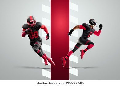 American soccer player in a red and black uniform in a running pose. American Football, advertising poster, template, blank, sports. 3D illustration, 3D rendering - Powered by Shutterstock