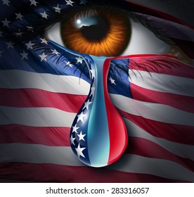 American Social Crisis And Grief Or Violence In The United States Concept As A Human Eye With A US Flag Crying A Tear With The Stars And Stripes In The Liquid Drop As A Metaphor For Community Sorrow.