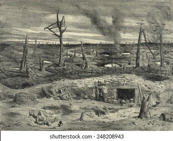 American Soldiers Emerging From Shelter In No Man's Land During WW1 Battle. 1917-18. 1927 Lithograph By Lucian Jonas.