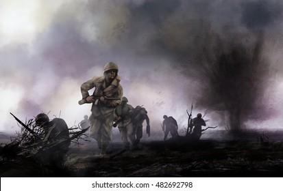 American soldiers on battlefield. WW2 illustration of american soldiers platoon attacking on a battlefield with explosions and mist background.