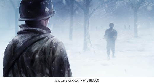 American soldiers in winter forest. WW2 american soldier standing in winter forest and looking at black silhouettes walking forwards in a mist.