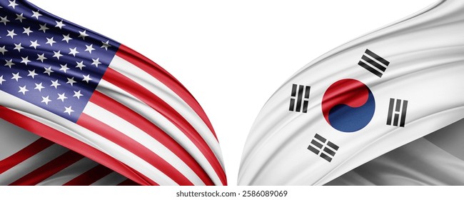 
American and south korea flag of silk-3D illustration