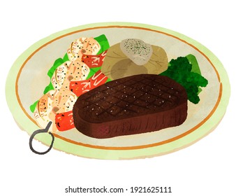 American Steak Platter With Shrimp Kabob(skewer) And Baked Potatoes