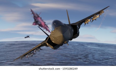 American Steath Military Jet Maneuvering To Avoid A Russian Missile 3d Rendering