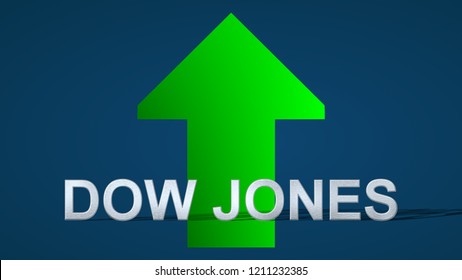 The American Stock Market Index Dow Jones Is Going Up. A Green Arrow Showing Upwards On A Blue Background Indicates The Price Rise.