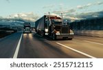 American style truck on freeway pulling load. Transportation theme. 3D illustration