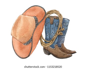 American Style. Western. Cowboy Boots, Hat, Lasso. Watercolor Illustration