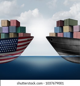 American trade war tariffs in the United states as two opposing cargo ships as an economic  taxation dispute over import and exports concept as a 3D illustration.