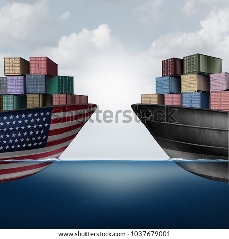 American trade war tariffs in the United states as two opposing cargo ships as an economic  taxation dispute over import and exports concept as a 3D illustration. Stock photo © 