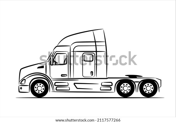 American truck without a trailer  abstract\
silhouette on white background. A hand drawn line art of a american\
truck car. Flat illustration view from\
side.
