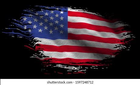 American USA America Tattered Roughed Flag Old Vintage Flag Waving Particles Flag 8K Illustration On Black Screen Background