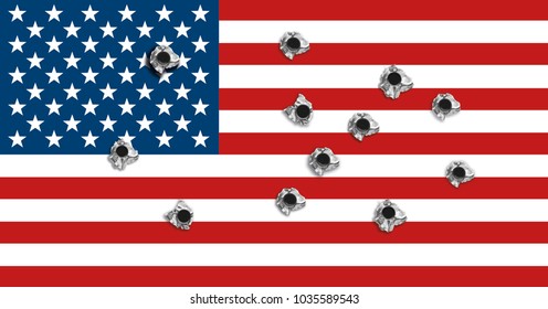 The American USA flag is penetrated by bullets from shooting with a powerfu...