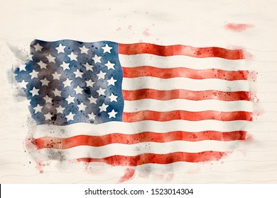 American USA waving flag in watercolor painting.
