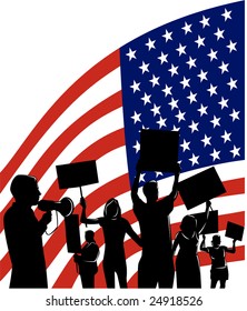 Americans protesting with flag in the background