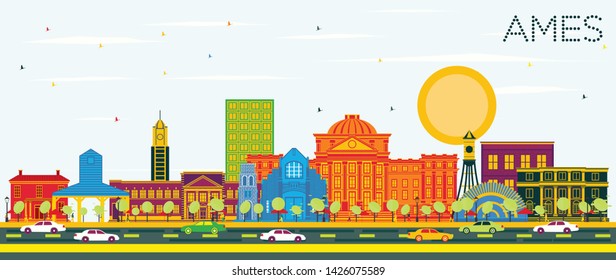 Ames Iowa City Skyline with Color Buildings and Blue Sky. Business Travel and Tourism Illustration with Historic Architecture. Ames Cityscape with Landmarks.