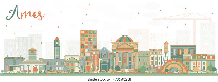 Ames Iowa Skyline with Color Buildings. Business Travel and Tourism Illustration with Historic Architecture.