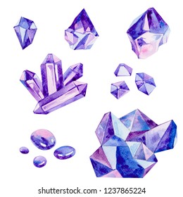 Amethyst stones crystals violet watercolor illustration