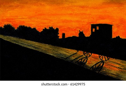 Amish Buggy At Sunset