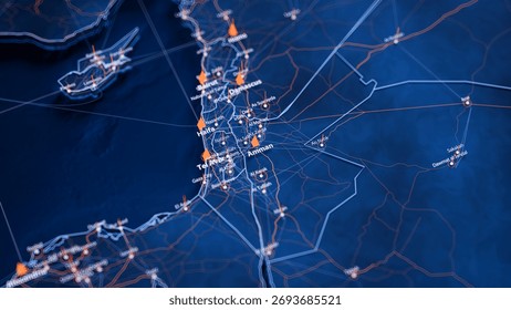 Amman map big data visualization. Futuristic map infographic of city in Jordan. Visual map data complexity in modern blue and orange colors. 3D Illustration