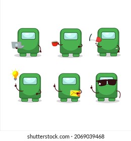 Among us green cartoon character with various types of business emoticons.Vector illustration